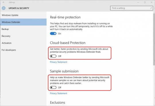 Settings - Windows Defender