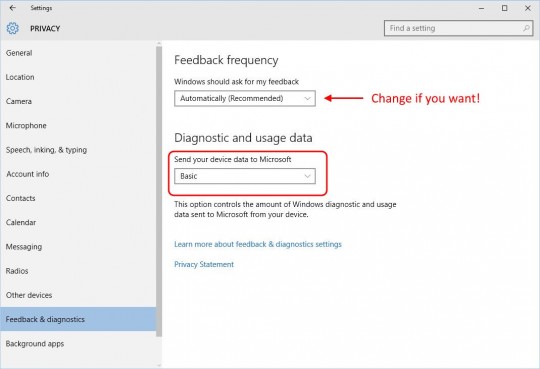 Settings - Feedback & diagnostics