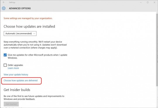 Settings - Updates - Choose how updates are delivered