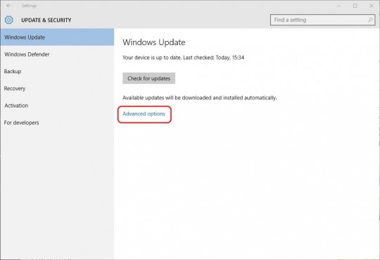 Settings - Updates - Advanced