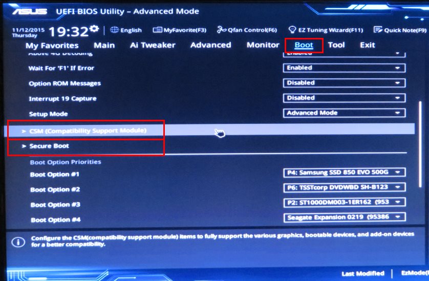 asus rog boot from usb key