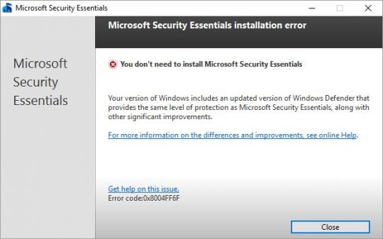 cant update microsoft security essentials