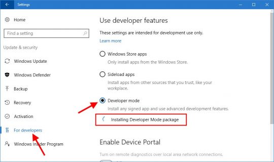 User developer features in Windows 10