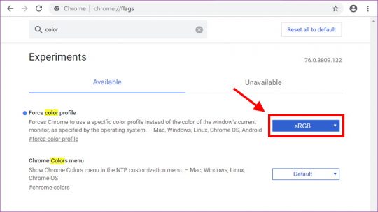 Chrome Flags - Force Color Profile - sRGB