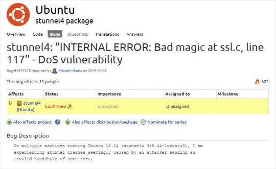 Ubuntu 18.04 stunnel4 bad magic bug