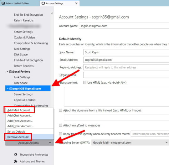 Thunderbird Delete / Add Account