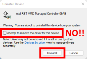 Uninstall device, but KEEP the driver!